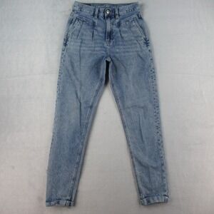 American Eagle Mom Jean High Rise Pleated Tapered Blue Denim Pants Size 0 Long